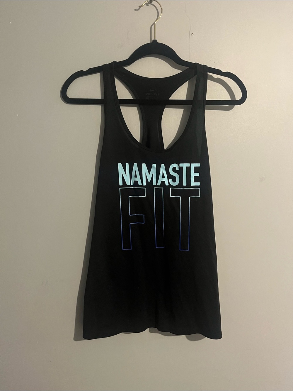Nike Black Racerback Tank with Light Blue 'NAMASTE FIT' Graphic size large